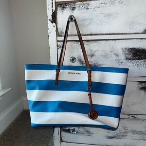 Michael Kors Blue and White Striped Tote